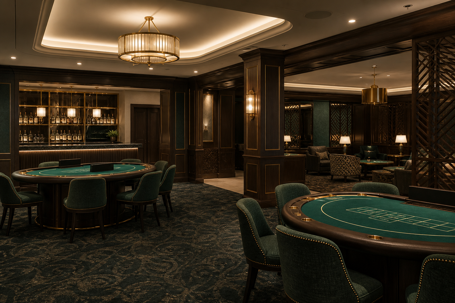 Elegancka, pusta sala z zielonymi stołami do gier